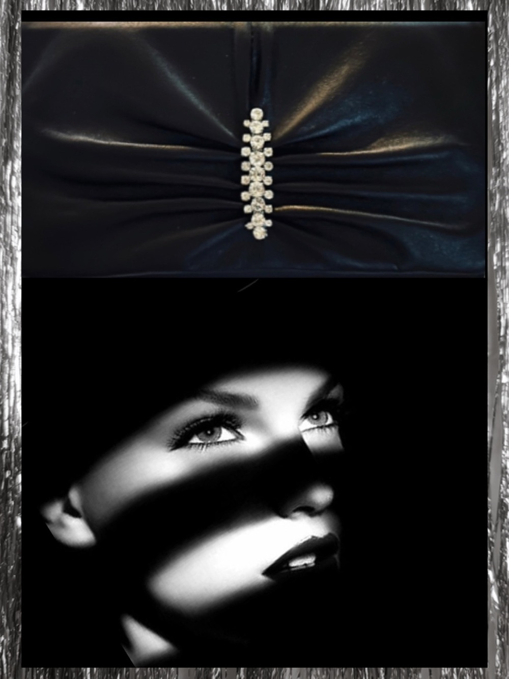 Black Nappa pleated Leather  Evening Clutch with Crystal Accent